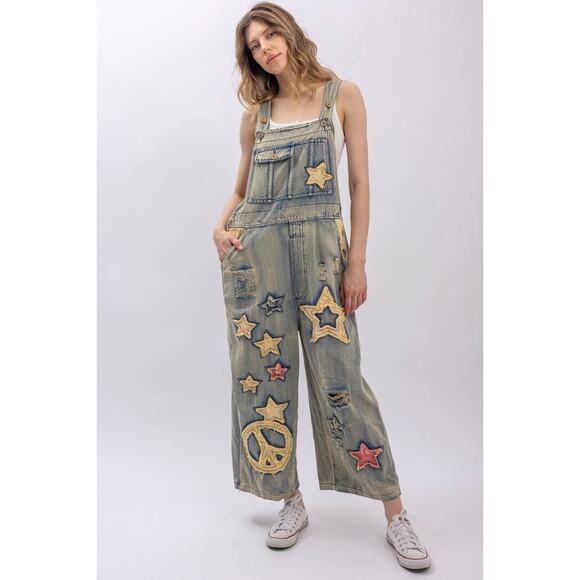 Blue Velvet Pants - NWT Blue Velvet Peace be with you boho applique overalls - size xl